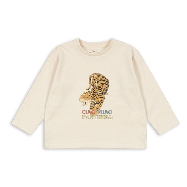 Fili Cotton Boxy Long-Sleeved Tiger Print Tee (Almond Milk)