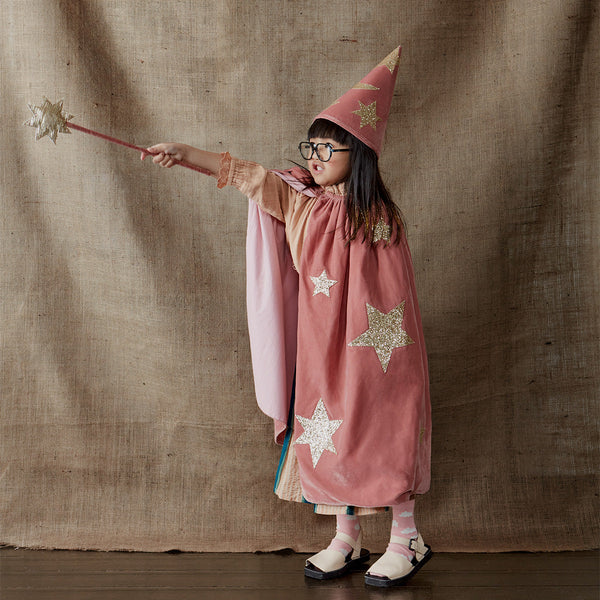 Pink Velvet Wizard Cape, Hat and Wand Costume Set