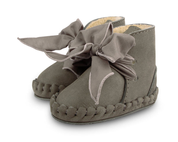 Pina Leather Baby Booties with Faux Fur Lining + Organza Laces (Stone)