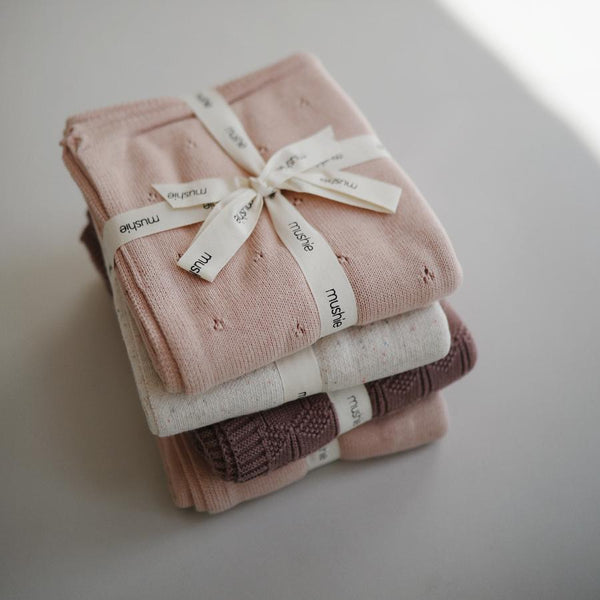 Organic Cotton Knitted Pointelle Baby Blanket (Blush)