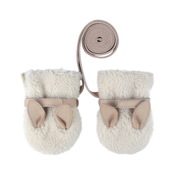 Richy Leather Bunny Ear Baby Mittens (Off White)