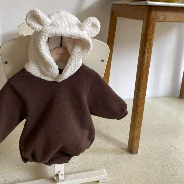 Mina Bear Ears Hooded Baby Bodysuit Romper (Cocoa)