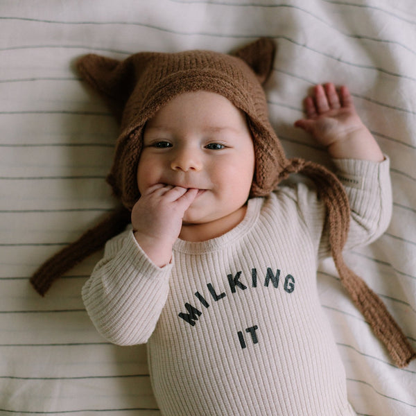 Milking It Cotton Rib Long Sleeve Baby Bodysuit (Oatmeal)