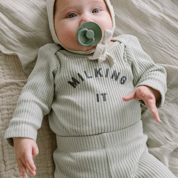 Milking It Cotton Rib Long Sleeve Baby Bodysuit (Pistachio)