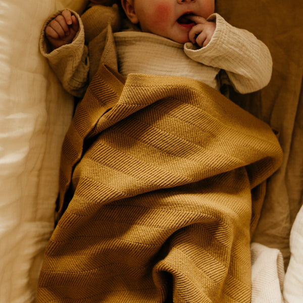 Freddie Merino Wool Knitted Baby Blanket (Ochre)