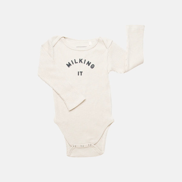 Milking It Cotton Rib Long Sleeve Baby Bodysuit (Oatmeal)