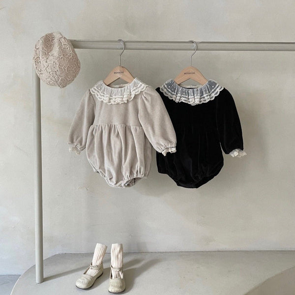 Mina Lace Collar Cotton Velvet Baby Romper (Black)