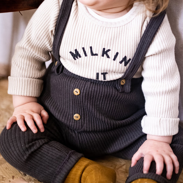 Milking It Cotton Rib Long Sleeve Baby Bodysuit (Oatmeal)