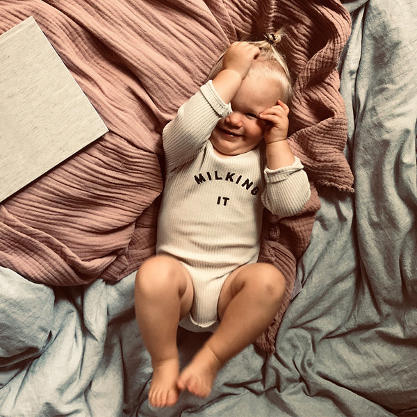 Milking It Cotton Rib Long Sleeve Baby Bodysuit (Oatmeal)