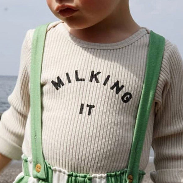 Milking It Cotton Rib Long Sleeve Baby Bodysuit (Oatmeal)
