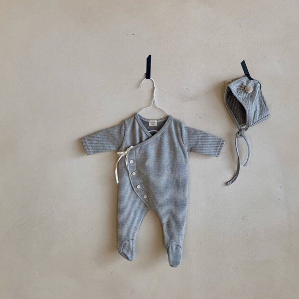 Mae Stripe Baby Romper and Bear Bonnet Set (Grey)