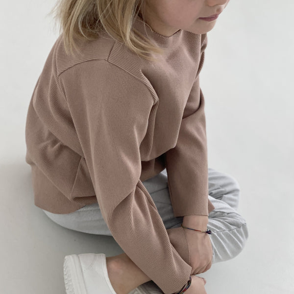 Camie Cotton Rib Raw Hem Sweatshirt (Biscuit)