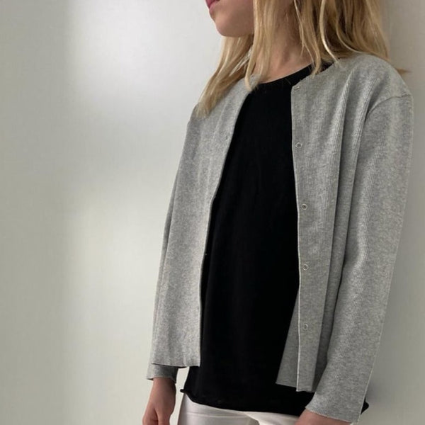 Chia Cotton Rib Cardigan (Light Grey)