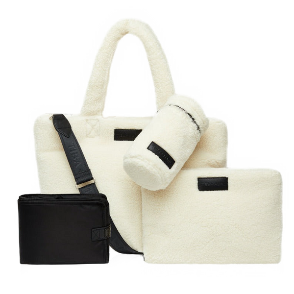 Sumi Puffy Tote Bag + Bottle Bag + Clutch + Change Mat (Cream Fleece)