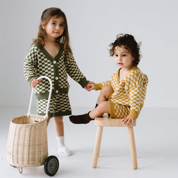 Quincy Checkerboard Knitted Cardi and Shorts Set (Moss/Milk)