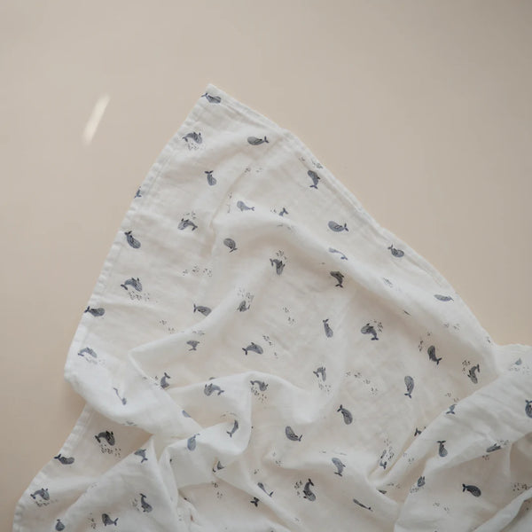 Extra Soft Organic Washed Cotton Muslin Swaddle (Whales)